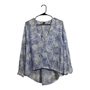 Windsor Blue White Floral Blouse Strappy V-Neck High-Low Top Women's Size Small